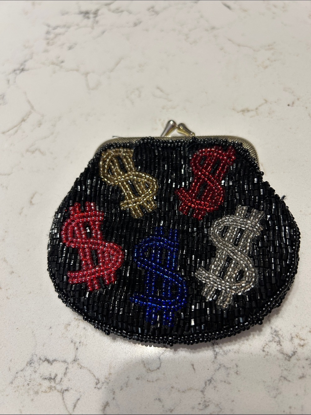 Beaded Black kiss lock Coin Purse with Multicolor Dollar Sign Accents